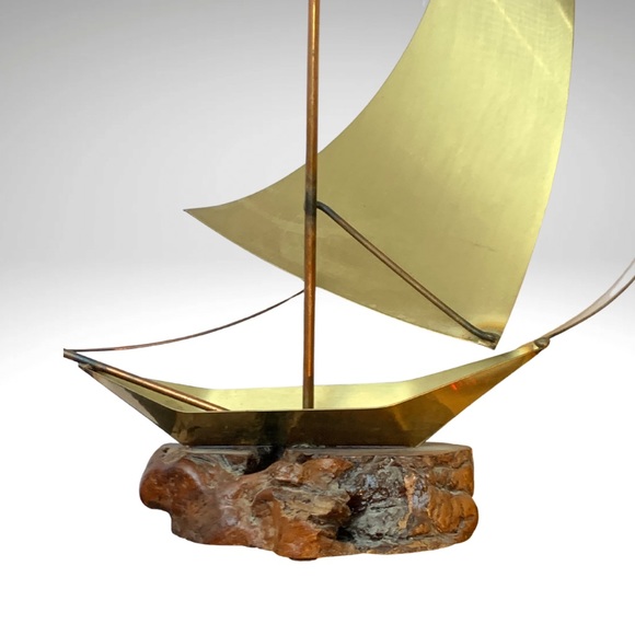 Vintage Brass Sailboat Sculpture Burlwood Base Windsurfer Nautical Handmade 15” - Picture 7 of 10